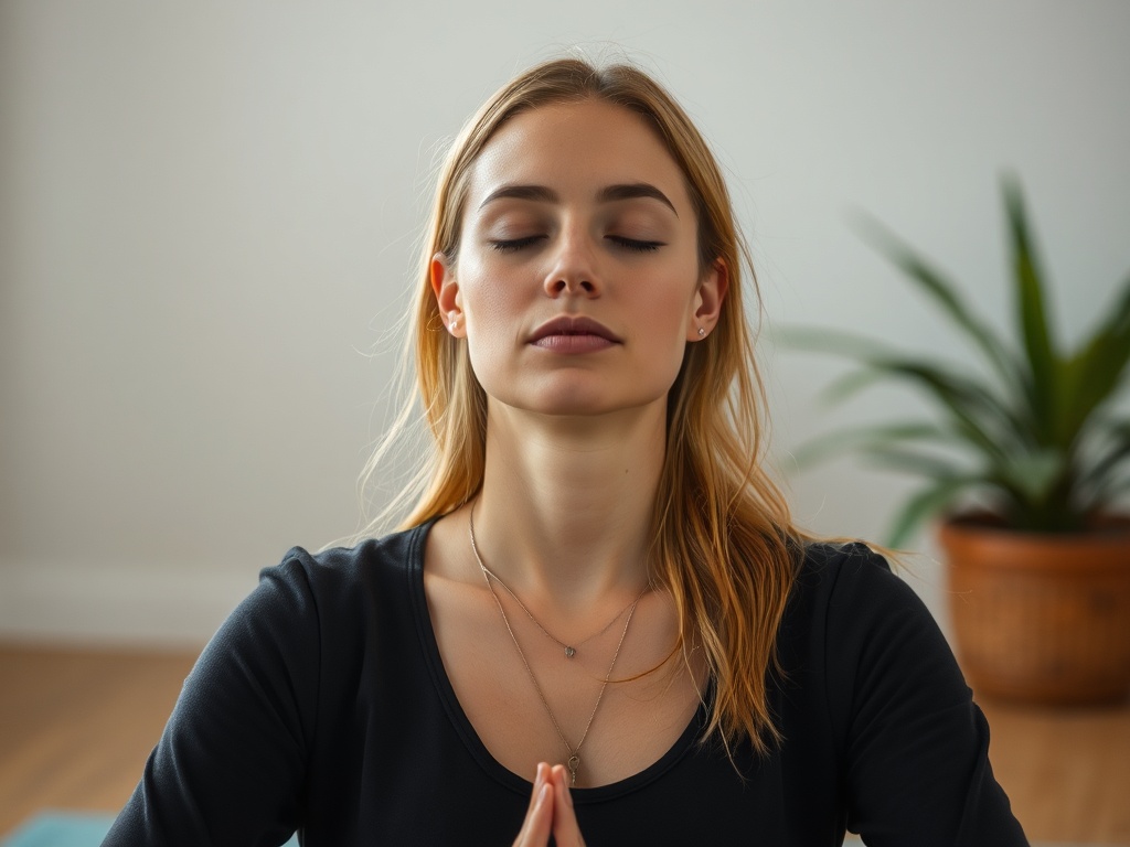A person meditating in a tranquil setting with a focus on peaceful breathing. The individual should be seated comfortably, eyes closed, with a serene expression.