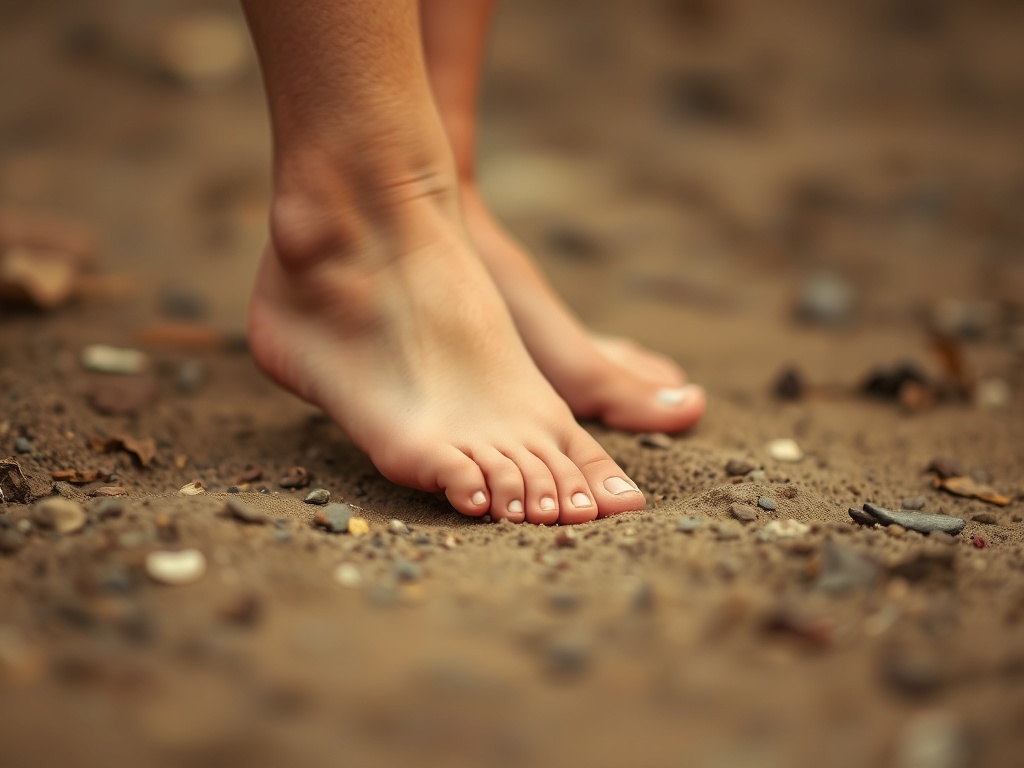 bare feet touching the ground, grounded earthy tones, peaceful stillness