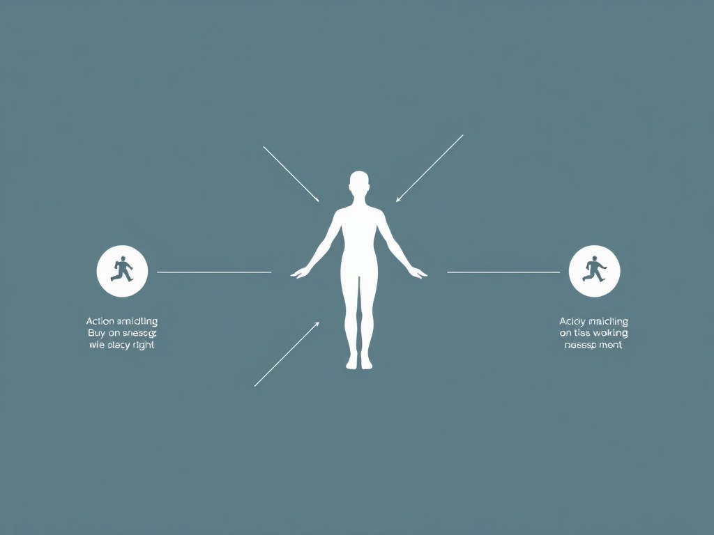 minimalist diagram showing body mind action sequence, clean calming design