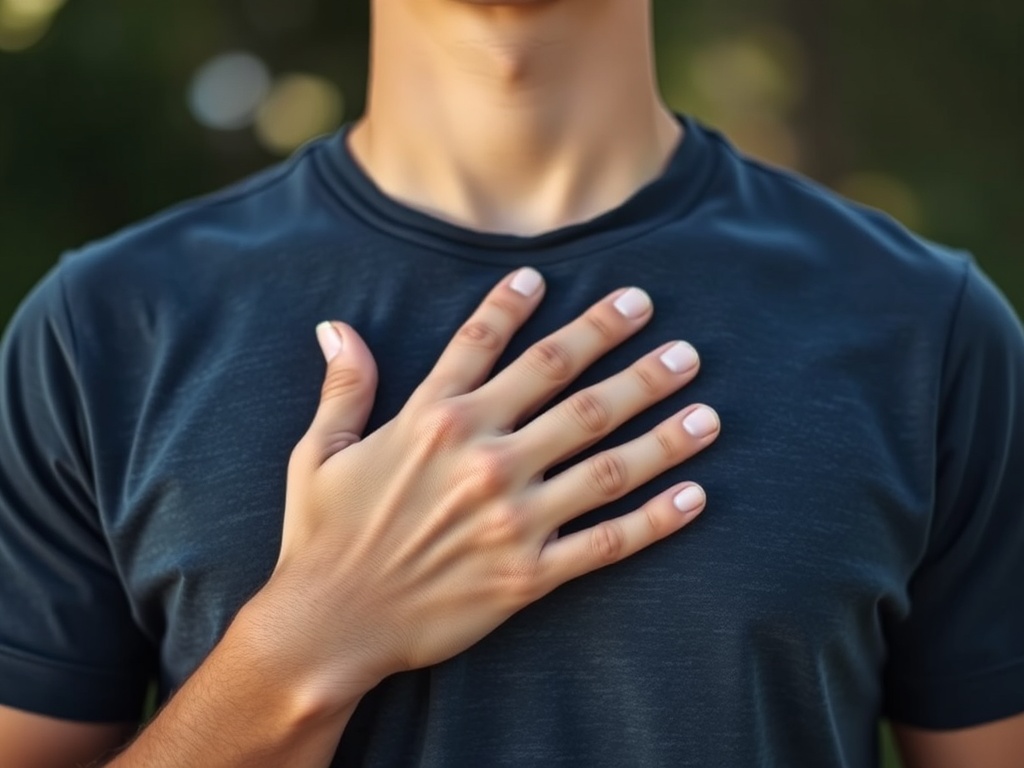 person placing hand on chest taking a slow breath, grounded posture, calming atmosphere