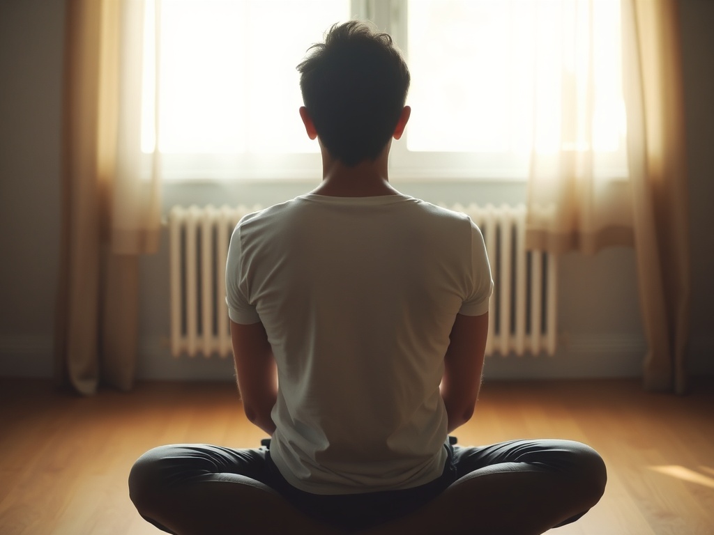 person sitting still in a quiet room with soft natural light, hands resting calmly, subtle sense of tension easing