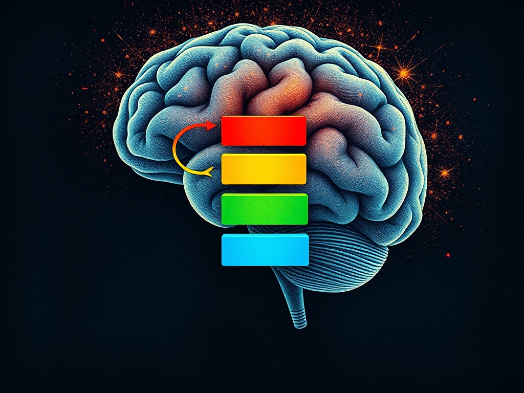 brain illustration calming down with structured steps overlay, visual metaphor of order replacing chaos