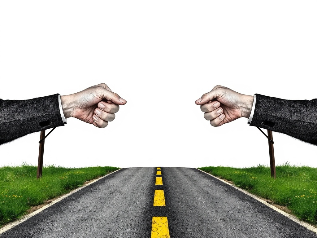 fork in the road symbolizing hesitation vs decisive action, one path chaotic one calm