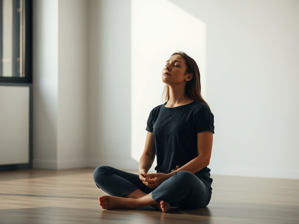 person sitting quietly, eyes closed, grounding themselves in a calm minimalist room with soft natural light