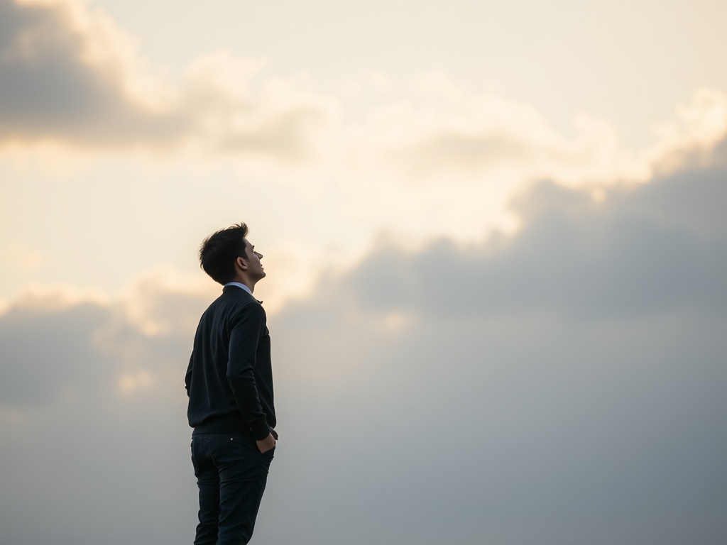 person standing up with renewed focus, transitioning from anxious posture to confident action