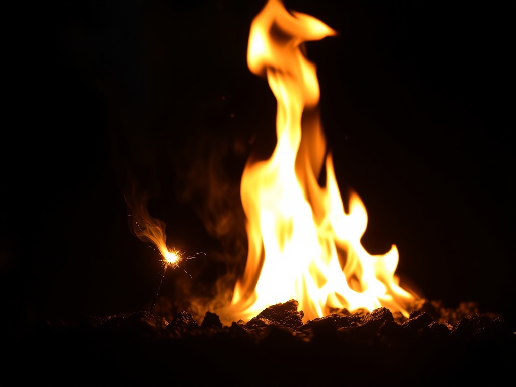 small spark being extinguished quickly compared to a large uncontrolled fire, symbolic contrast