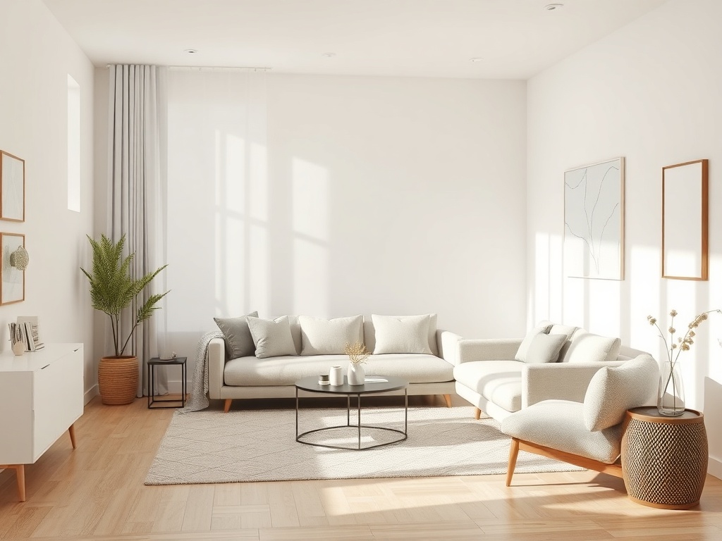 a calm minimalist living room with soft neutral tones, fewer objects, clean surfaces, natural light streaming in, airy and uncluttered
