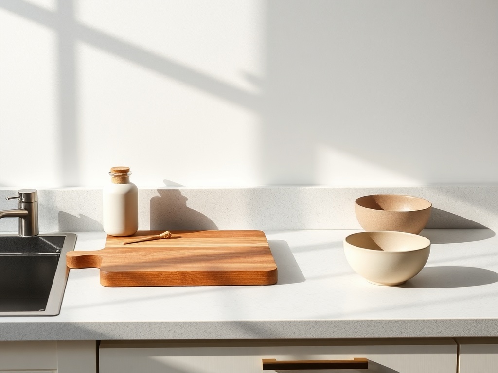 minimal kitchen countertop with only essential items, a wooden cutting board, a single ceramic bowl, soft shadows and natural textures