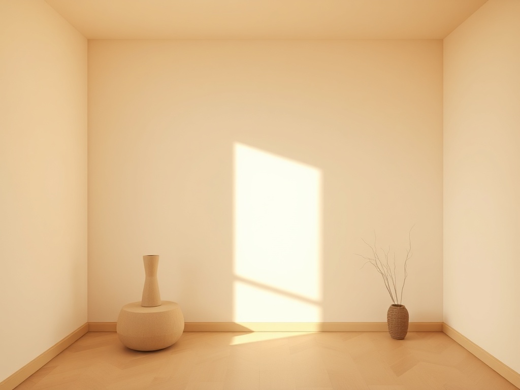 minimal room with soft layered lighting, warm tones, simple lamp and natural light highlighting clean space