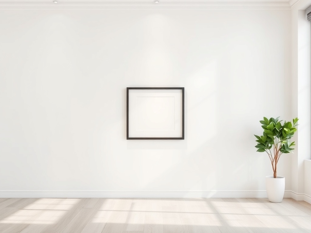 minimal wall with a single framed artwork centered, lots of empty wall space, soft lighting and clean lines
