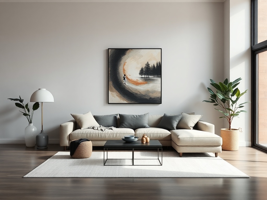 minimalist living room with a strong focal point like a sofa and artwork, everything else subdued and clean
