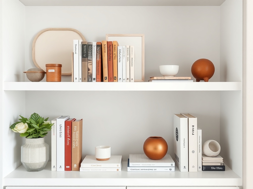 organized shelf with only a few carefully chosen books and objects, balanced composition, minimalist styling