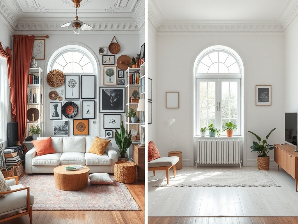 overdecorated room contrasted with a minimalist version, showing too many objects vs clean simplicity