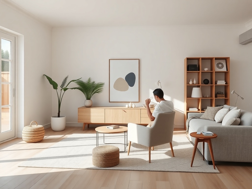 person rearranging a minimalist living room, moving a chair and adjusting decor, soft natural lighting