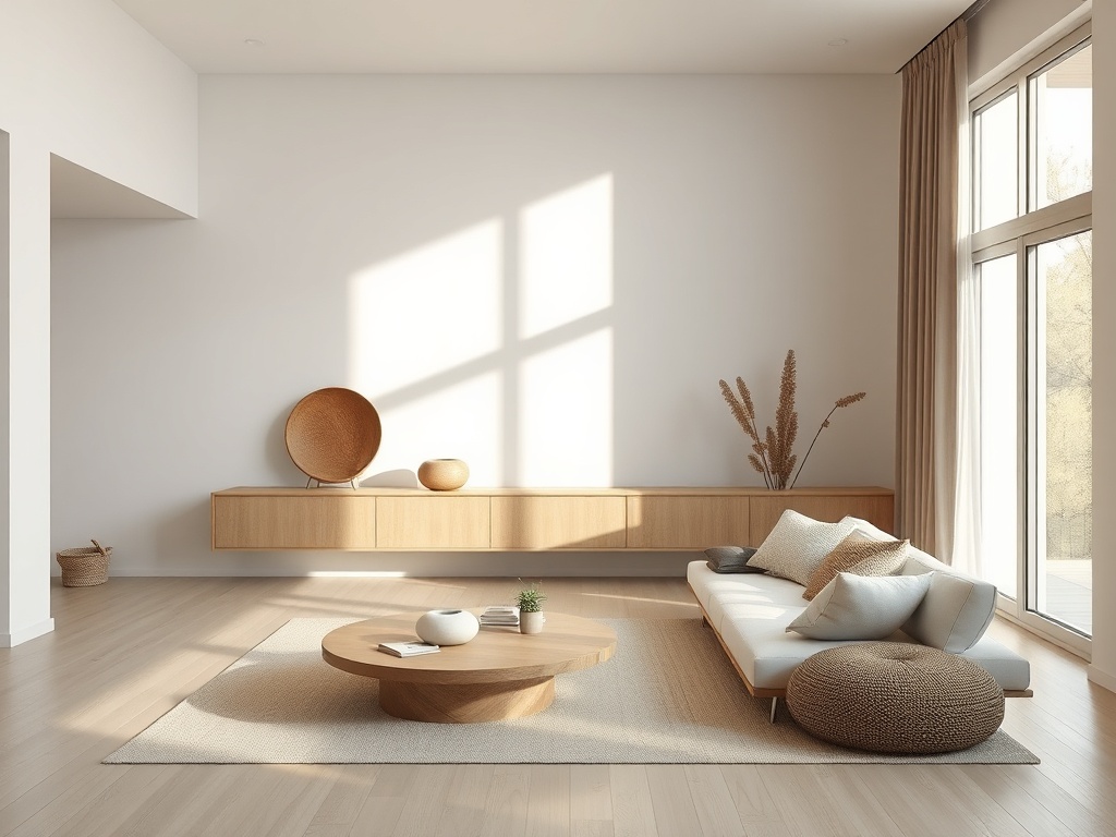 serene minimalist home interior with natural materials, calm atmosphere, balanced composition
