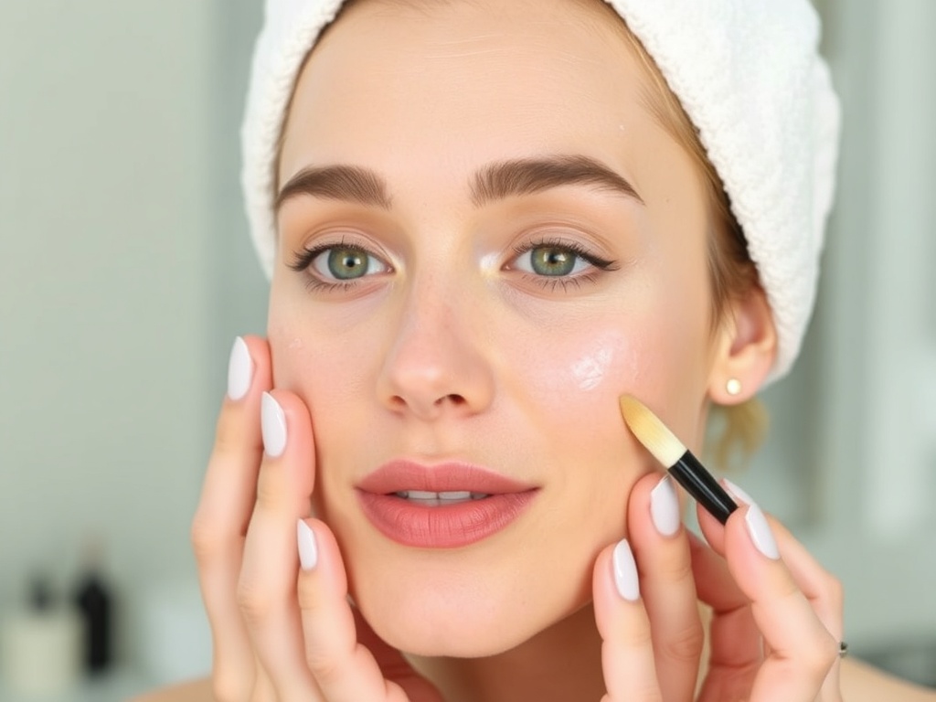 a clean face being prepped for makeup, with gentle skincare products