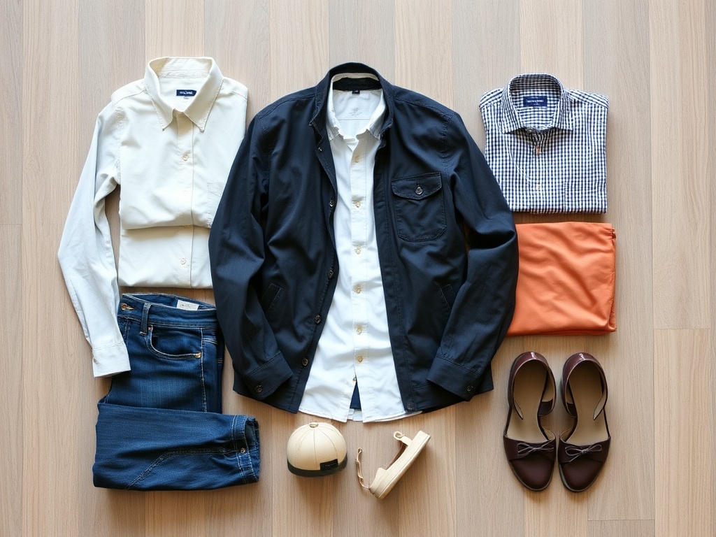 capsule wardrobe essentials neatly arranged shirts jeans jacket shoes flat lay minimal style