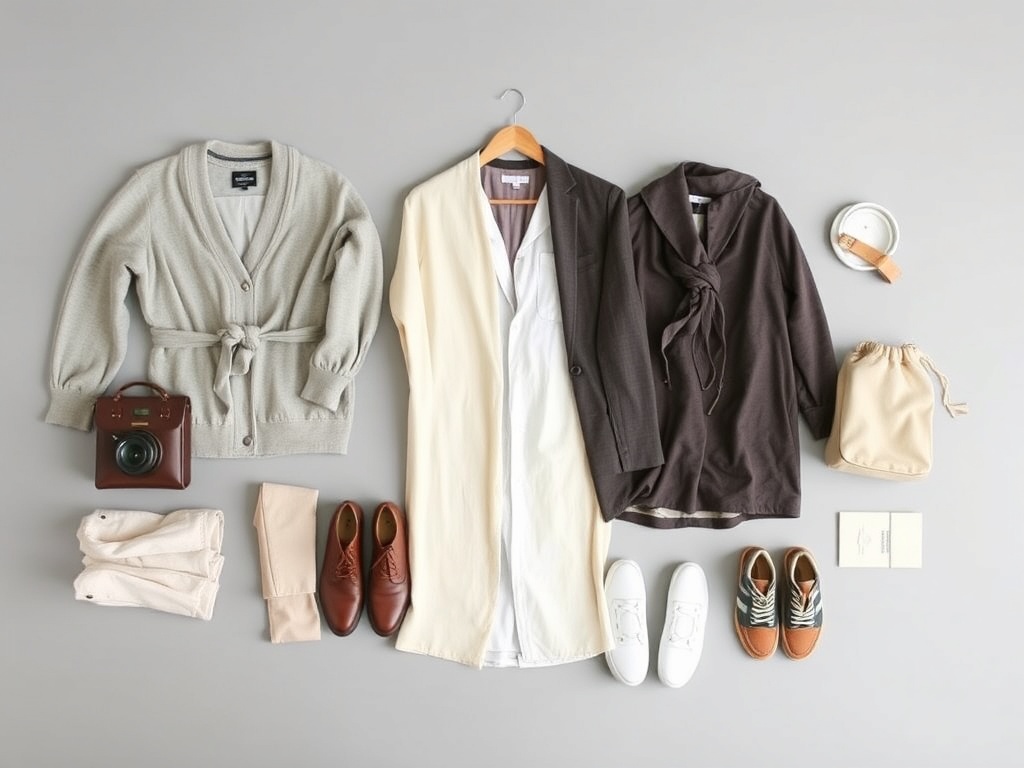 capsule wardrobe outfit combinations laid out flat, neutral color palette, minimalist fashion styling