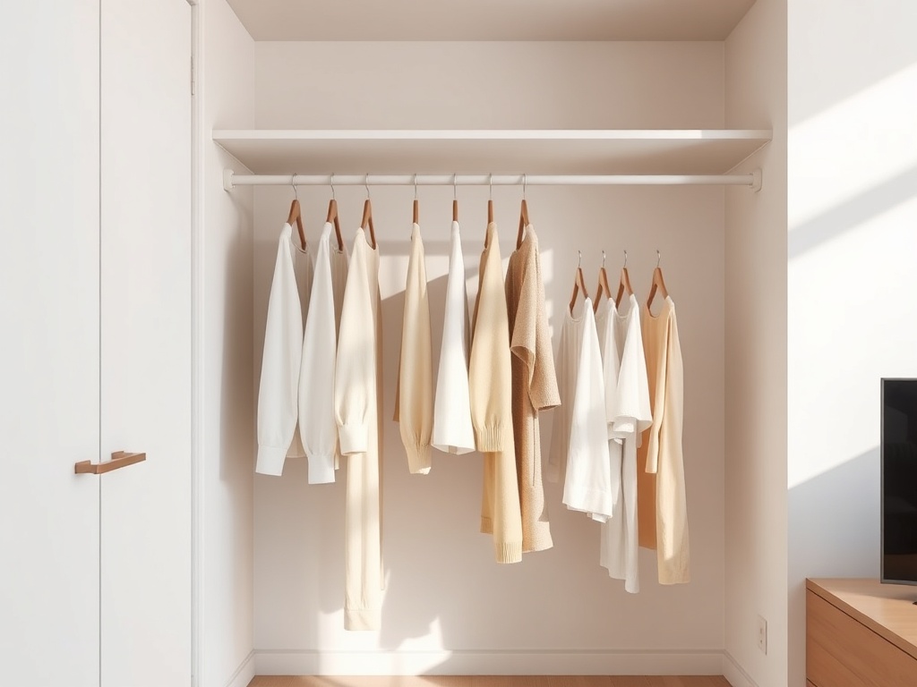clean minimalist wardrobe with neutral tones, neatly arranged clothing rack, soft natural lighting, modern apartment aesthetic