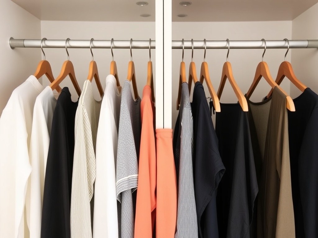 identical clothing items lined up showing duplicates minimal wardrobe concept decluttering
