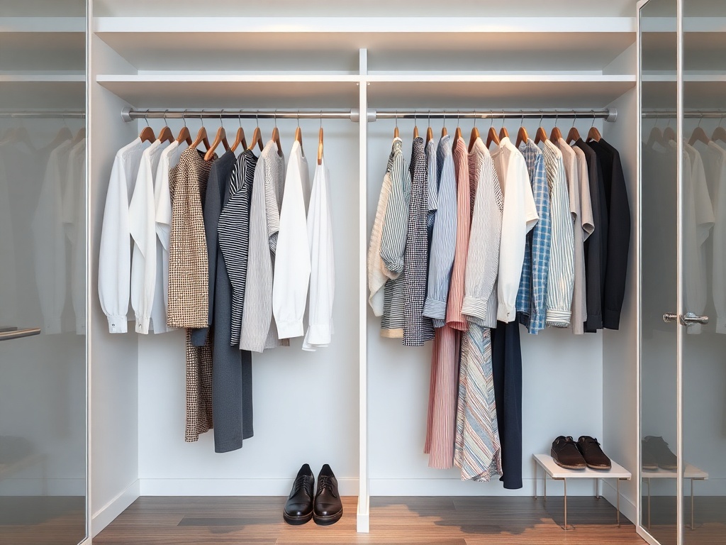minimal closet with limited number of clothes clean spacing modern wardrobe rack