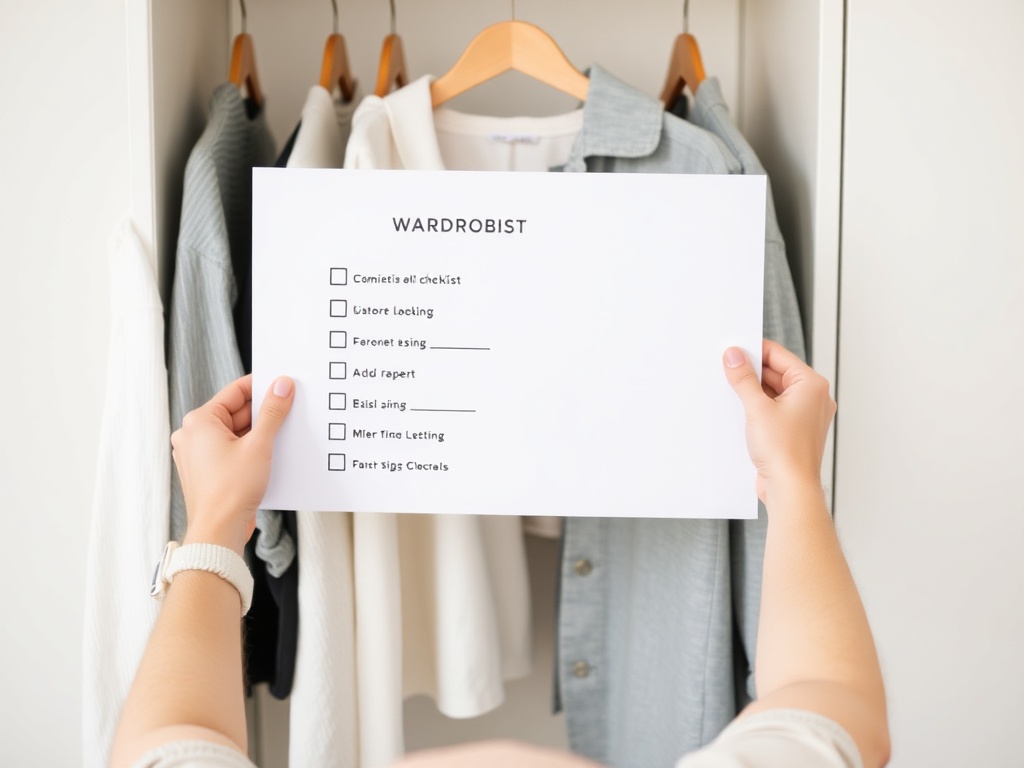 person maintaining wardrobe checklist minimalist lifestyle clean desk clothing notes