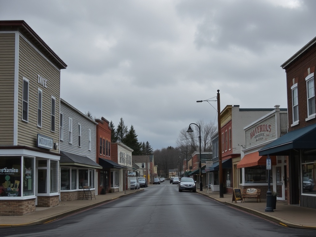 authentic small town street in Miramichi with modest buildings, local shops, overcast sky, realistic unfiltered atmosphere