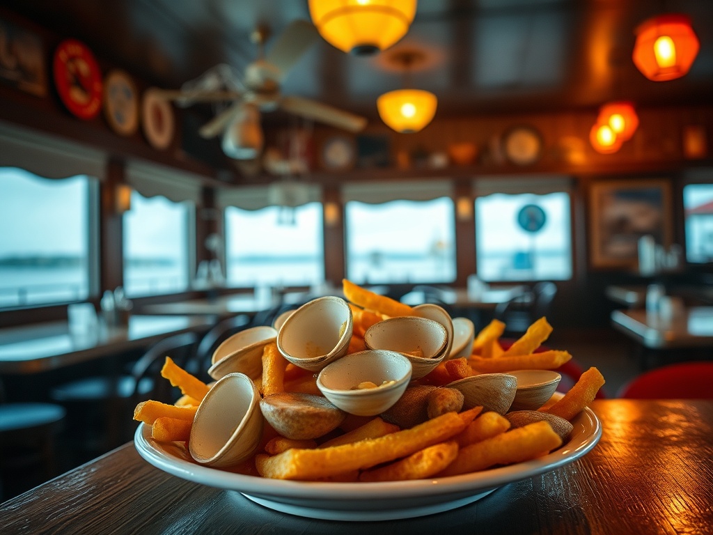 cozy maritime diner interior, plate of fried clams and fries, steam rising, warm lighting, local Atlantic Canada vibe