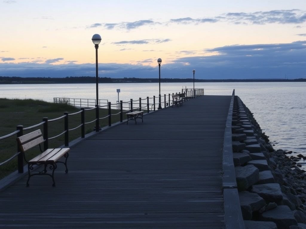 Miramichi waterfront boardwalk with benches overlooking river, soft evening light, calm water, peaceful setting