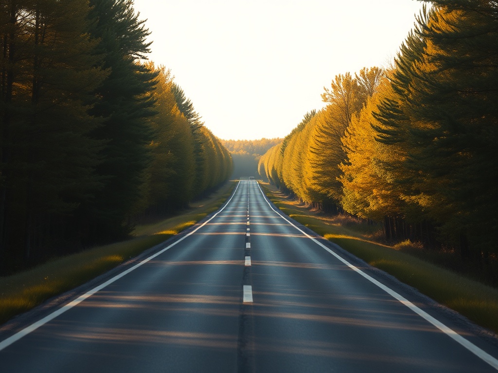 quiet rural road in New Brunswick lined with trees, golden afternoon light, empty road stretching into distance, peaceful and slow travel vibe
