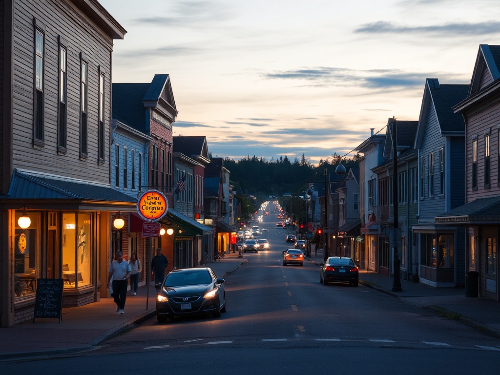 small town street at dusk with warm lights, quiet storefronts, minimal traffic, relaxed evening atmosphere in Atlantic Canada