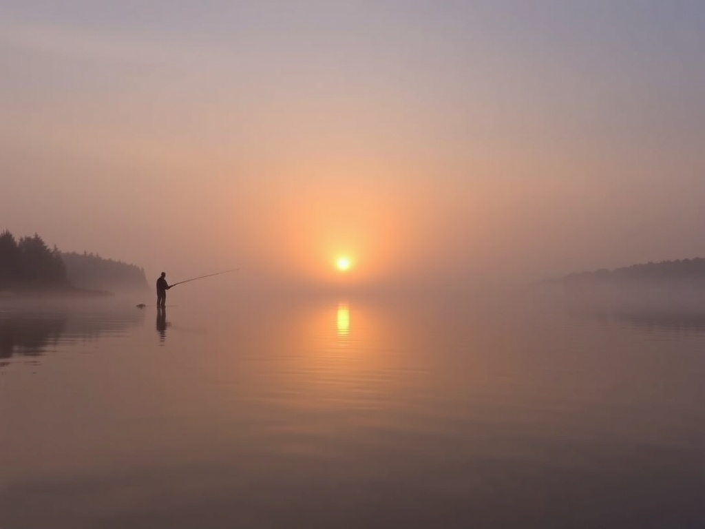 soft sunrise over Miramichi River with light fog, a lone fisher casting line, calm water reflecting pastel sky, cinematic Atlantic Canada mood