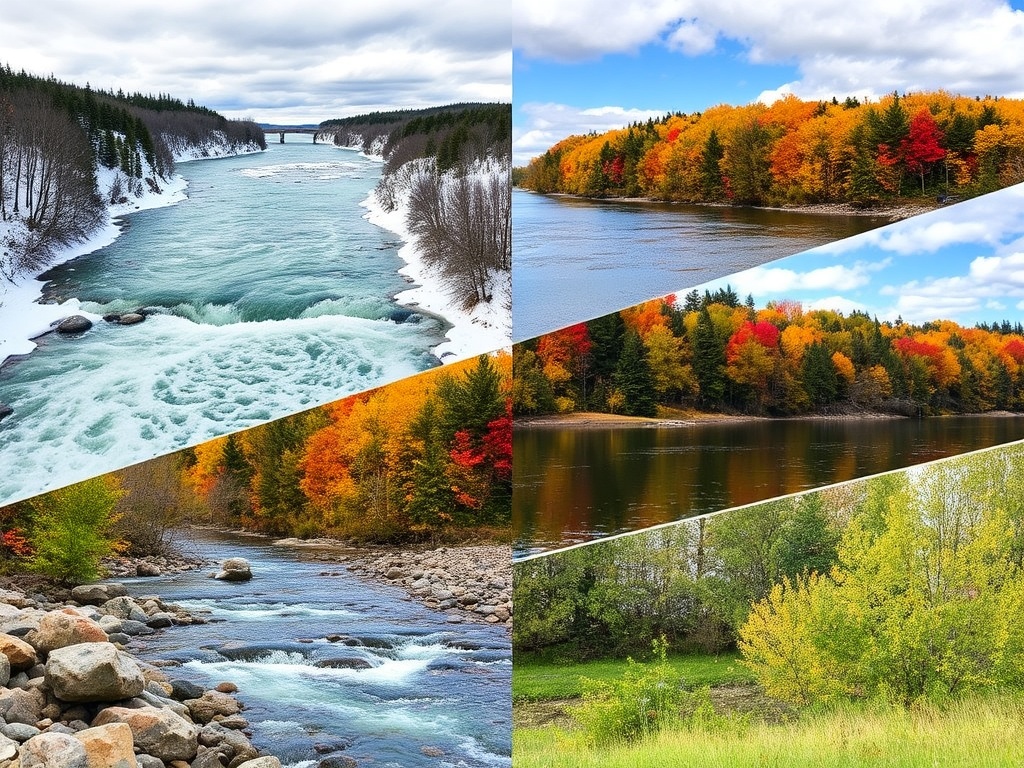 split seasonal collage of Miramichi: snowy winter river, vibrant fall foliage, summer fishing scene, fresh spring greenery, Atlantic Canada landscape