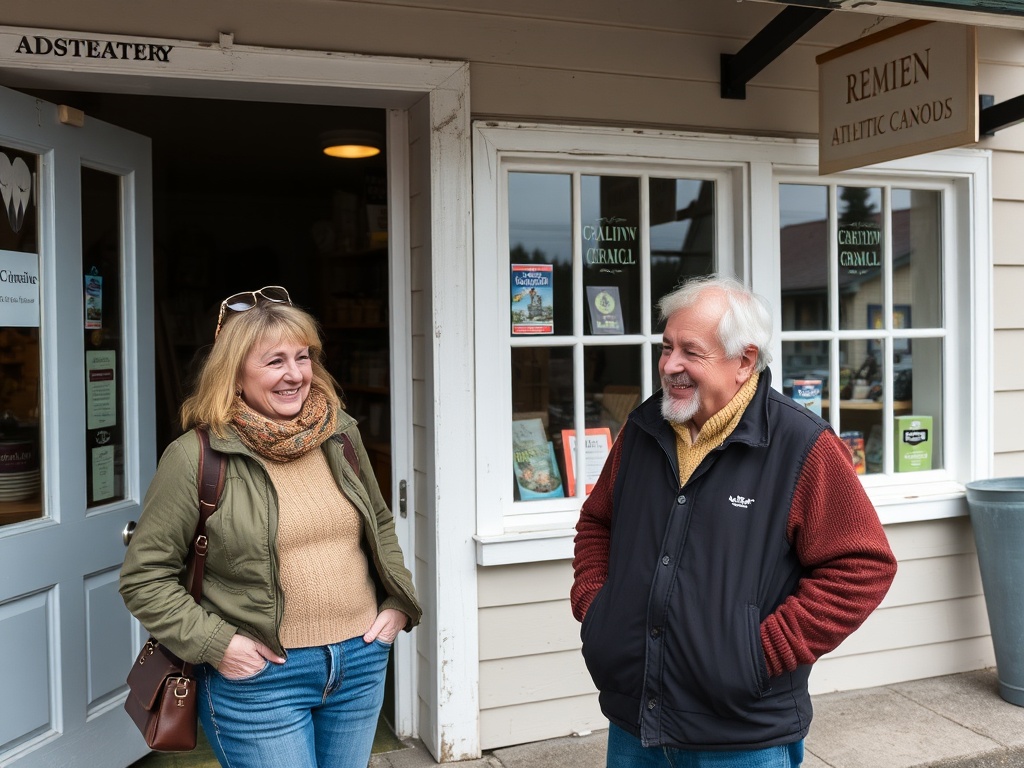 two locals chatting casually outside a small town shop in Atlantic Canada, relaxed expressions, friendly atmosphere, natural candid scene