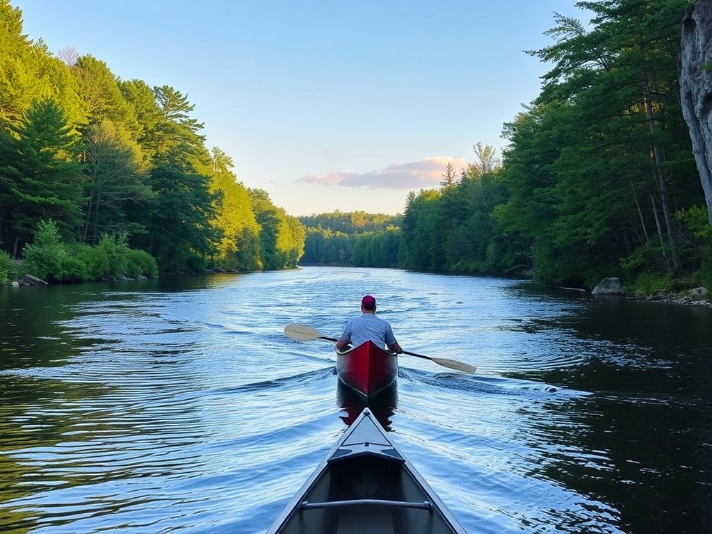canoe drifting on Miramichi River tree lined banks peaceful afternoon