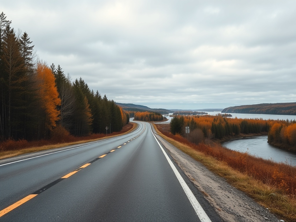 empty scenic road along Miramichi river rural calm minimal cars