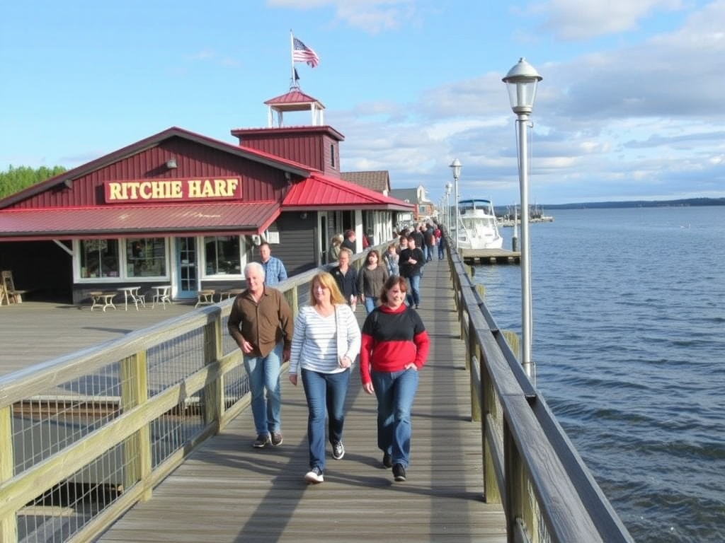 Ritchie Wharf Miramichi boardwalk locals walking waterfront shops casual vibe