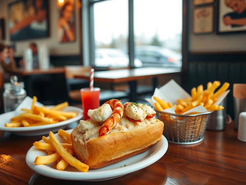 simple seafood meal Atlantic Canada lobster roll fries casual diner table