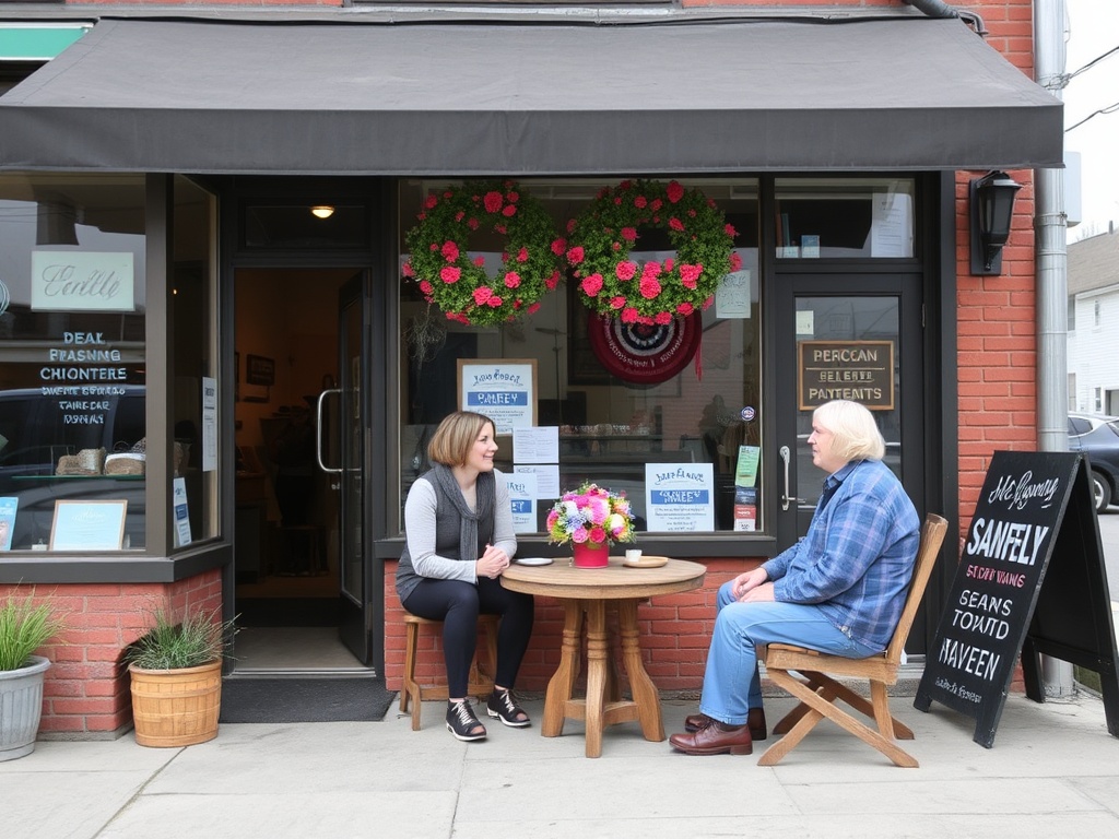 small town conversation outside local shop friendly interaction Miramichi