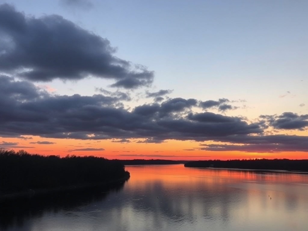 sunset over Miramichi River orange sky reflection quiet peaceful evening