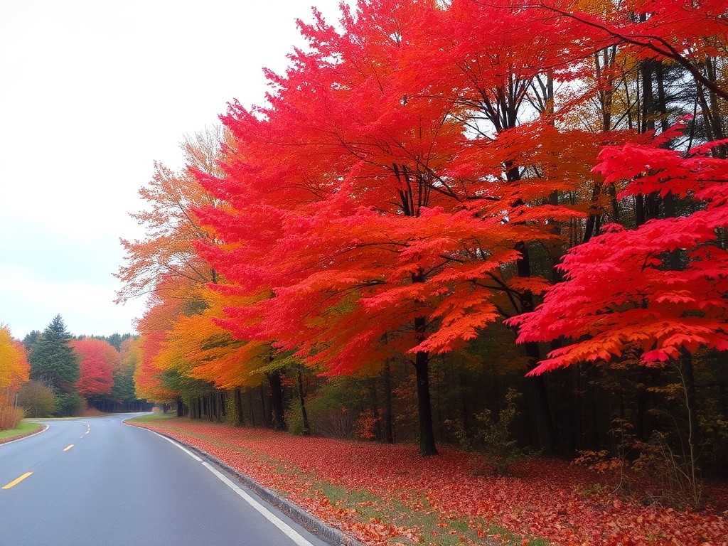 autumn trees in Miramichi with vibrant red and orange leaves, quiet roadside, fallen leaves on ground
