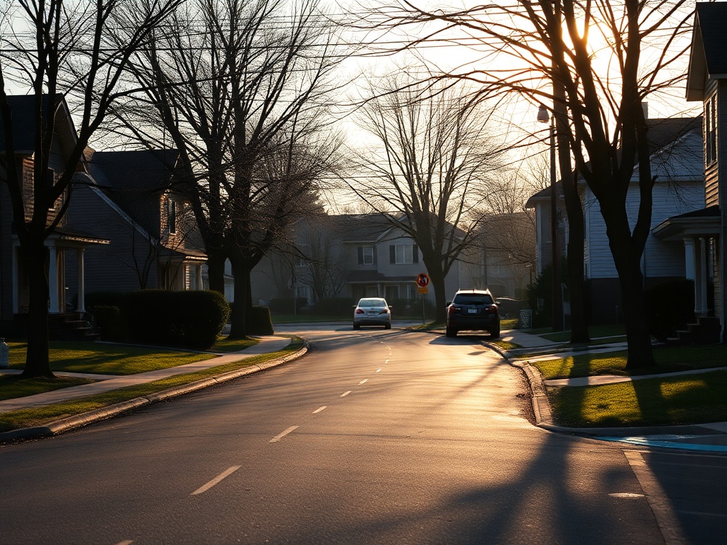 early morning quiet residential street in Miramichi with soft light, calm neighborhood atmosphere