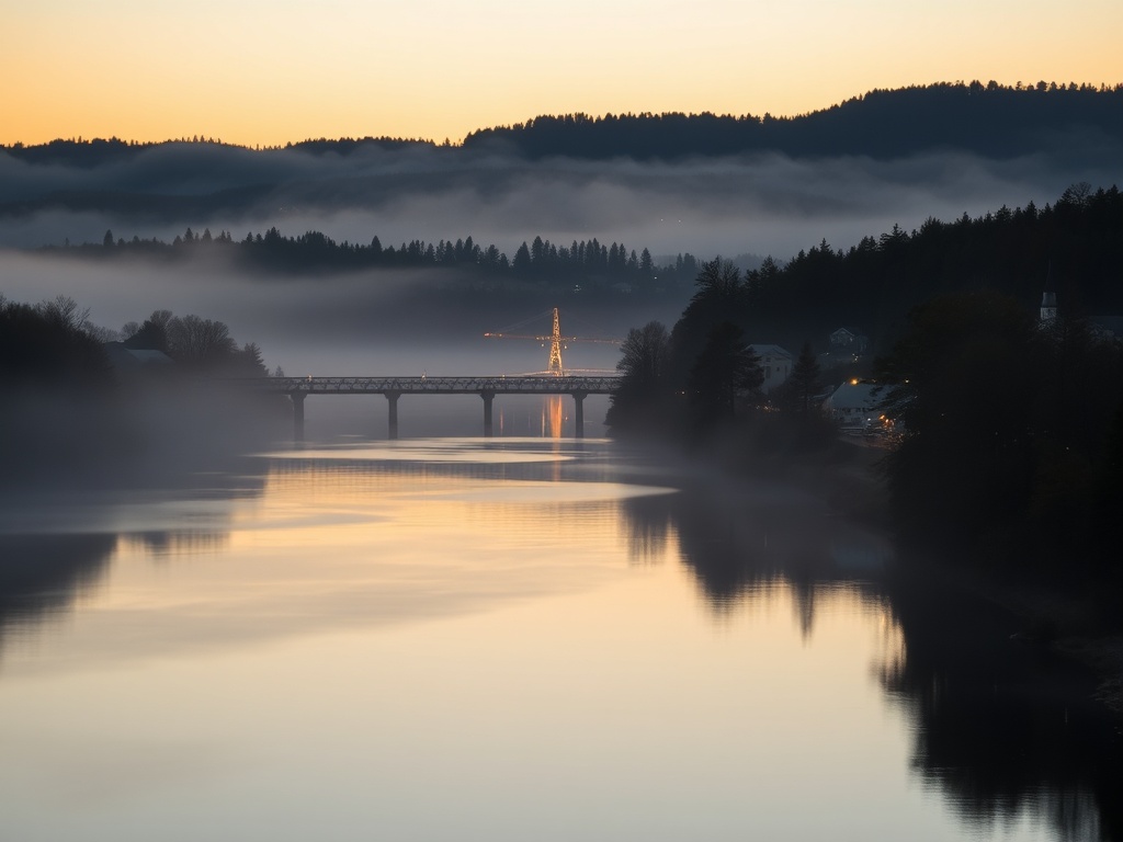 golden hour over Miramichi River with soft fog, quiet water reflections, small town calm atmosphere