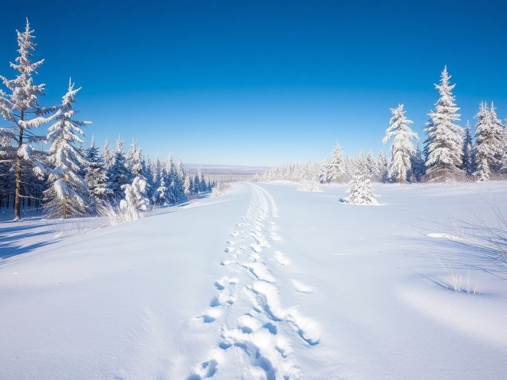 snow covered trail in Miramichi winter, crisp blue sky, footprints in fresh snow, peaceful solitude