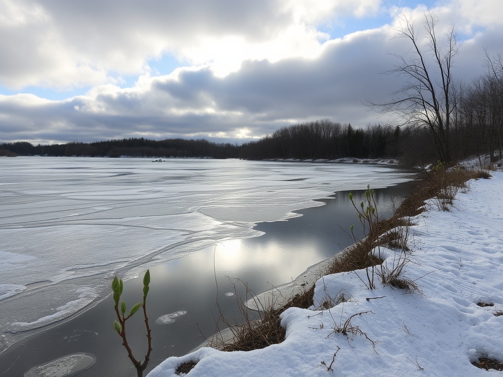 spring thaw along Miramichi riverbank, melting ice, early green buds, sunlight breaking through clouds