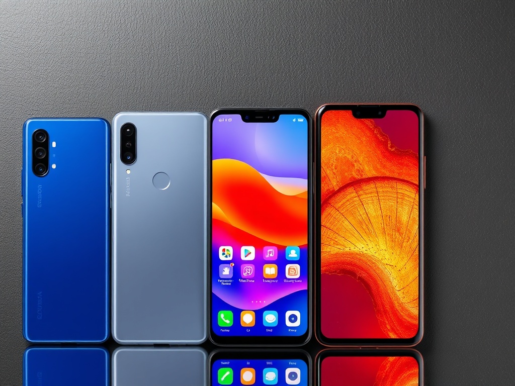 A vivid image of different smartphones with their key features displayed beside them
