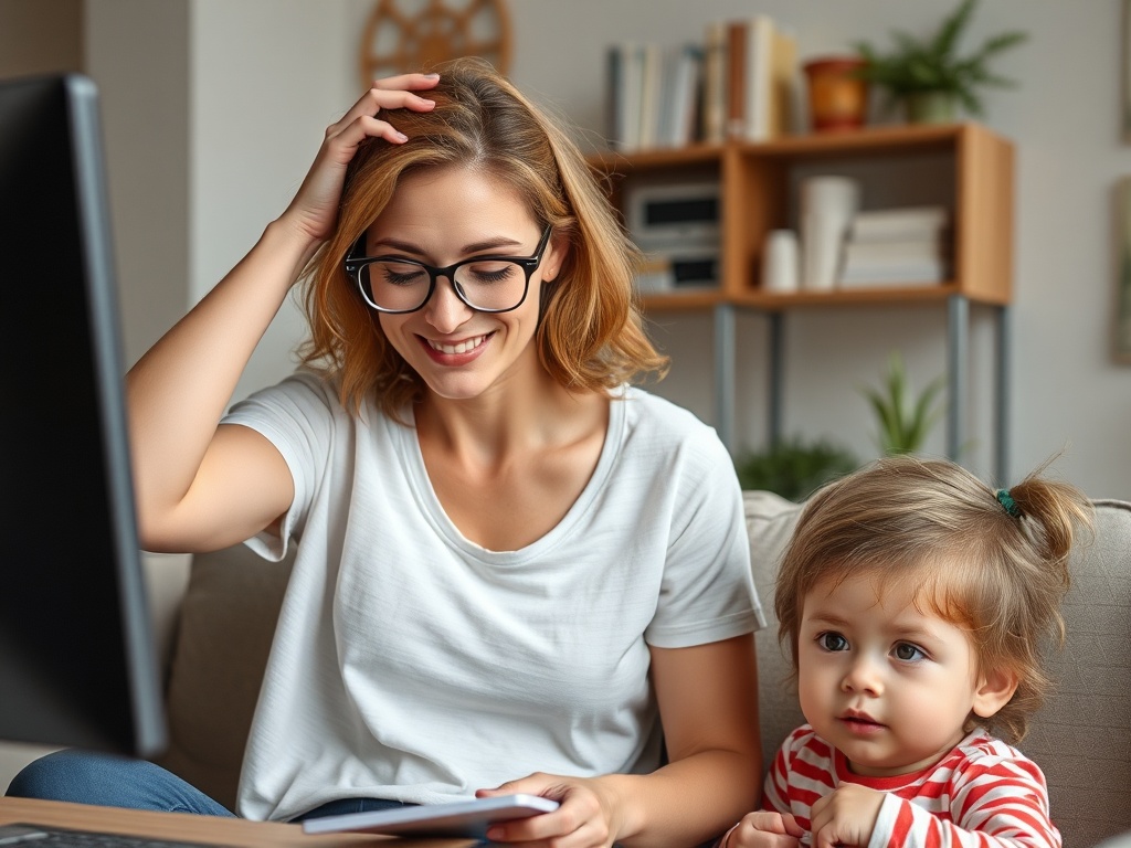 A busy parent juggling work and family life, looking a bit overwhelmed, with a child beside them