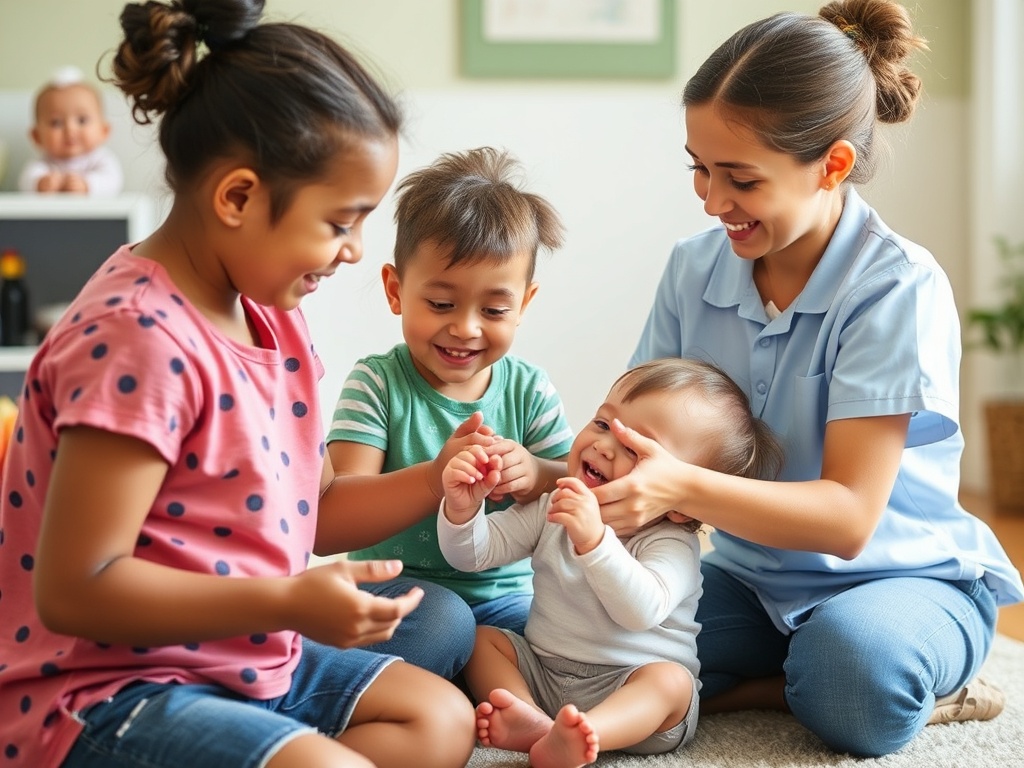 A caregiver playing with children, fostering trust