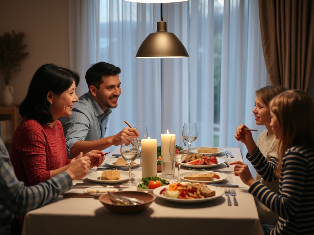 A family having dinner together, showing a sense of routine