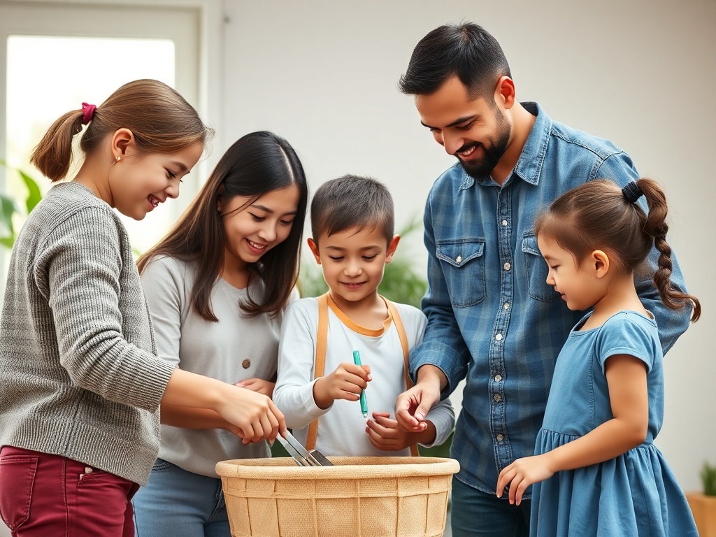 A family sharing tasks together, with children helping out